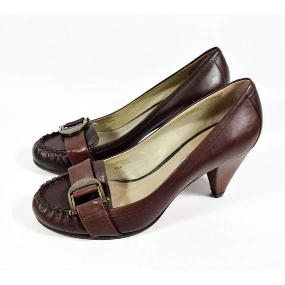Via Spiga Shoes - Via Spiga Women's Brown Leather Moccasin Style W/Buckle & Cone Heels Size 9.5 M